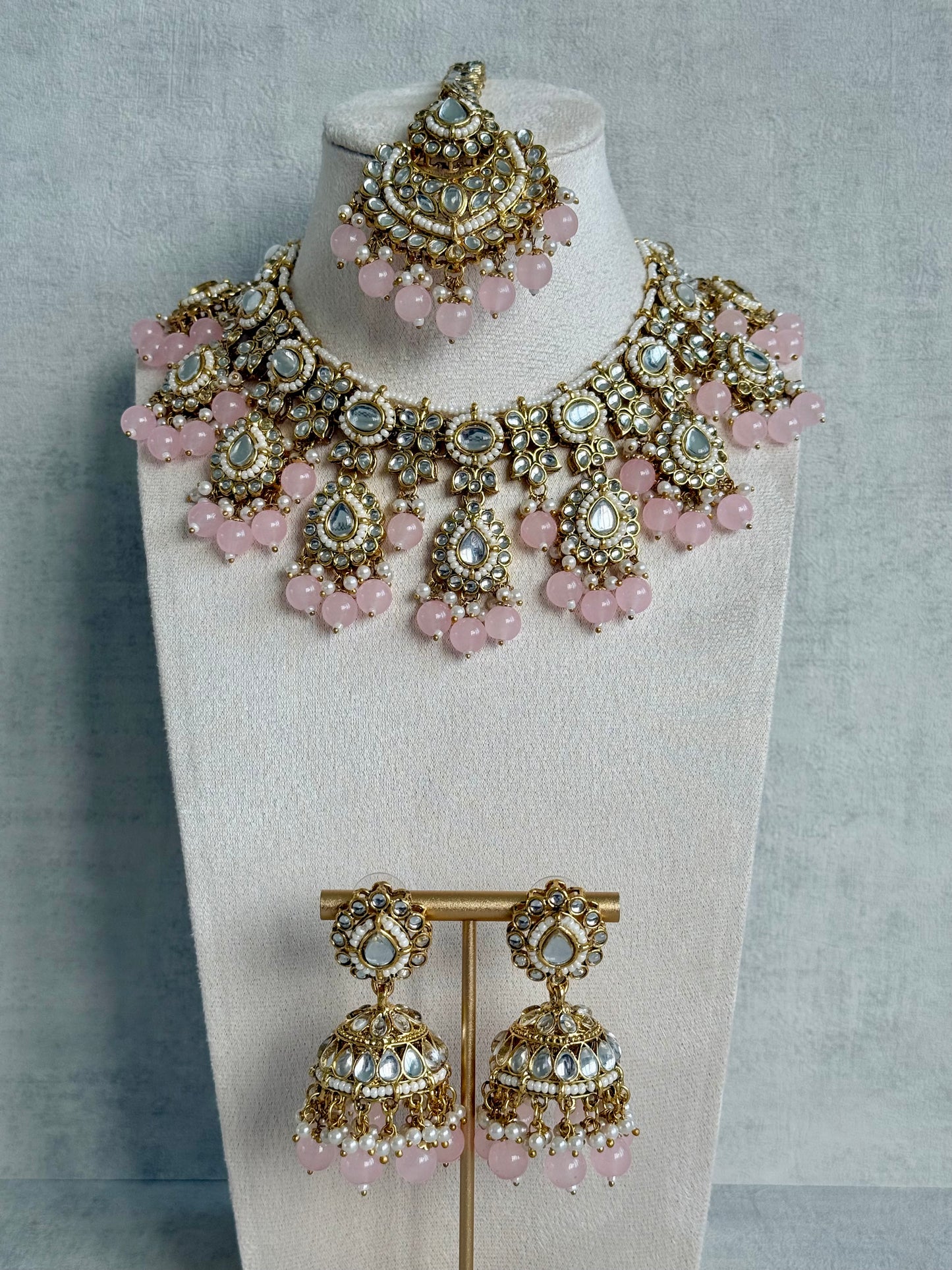 Ayura Designs Iyla Set with Necklace, Earrings & Tikka – Kundan Detailing, Ivory Pearl Drops & Blush Pink Beads