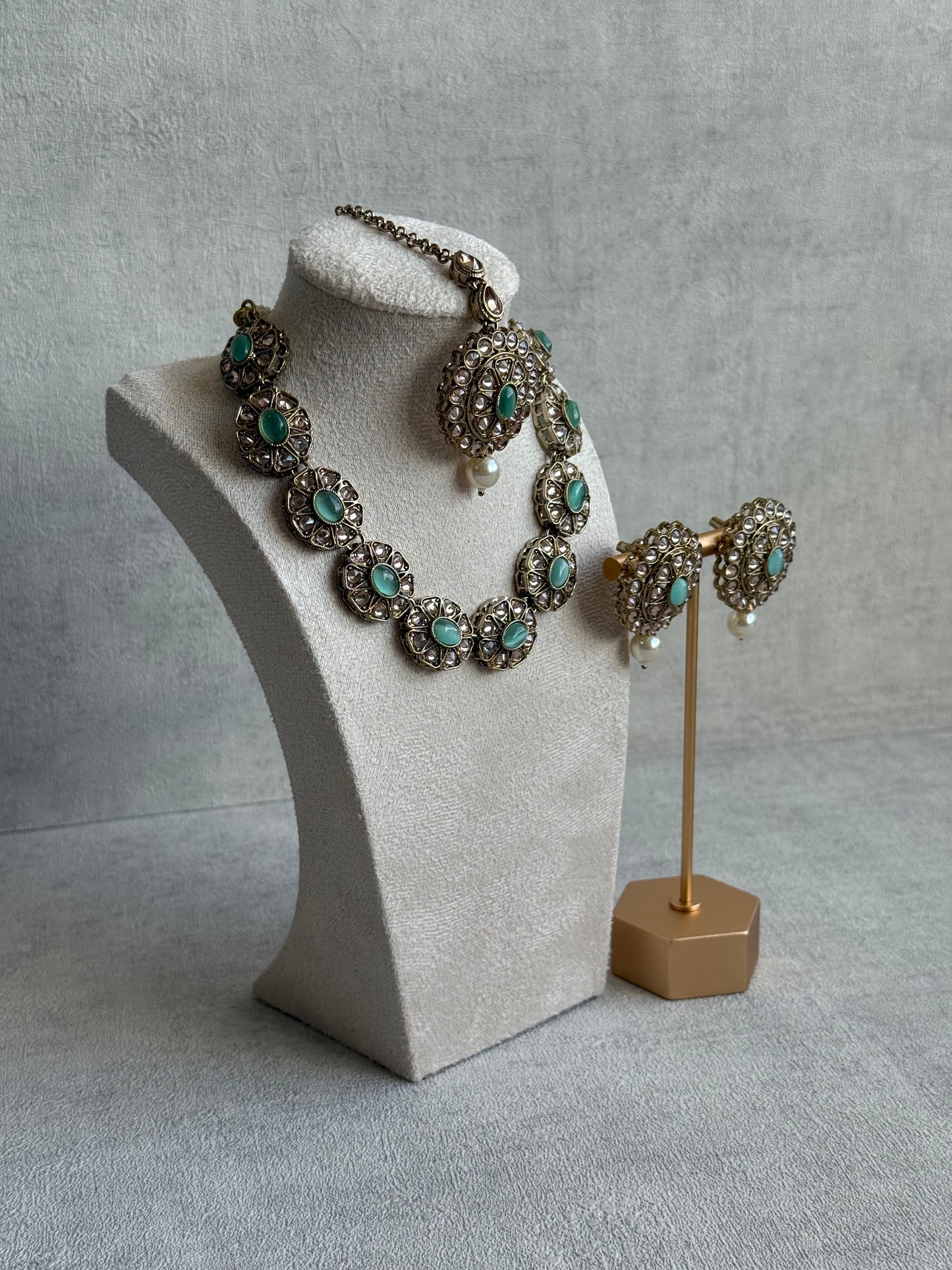 Ayura Designs Sania Set with Necklace, Earrings & Tikka – Mint Oval Stones, Kundan Detailing & Antique Gold Finish