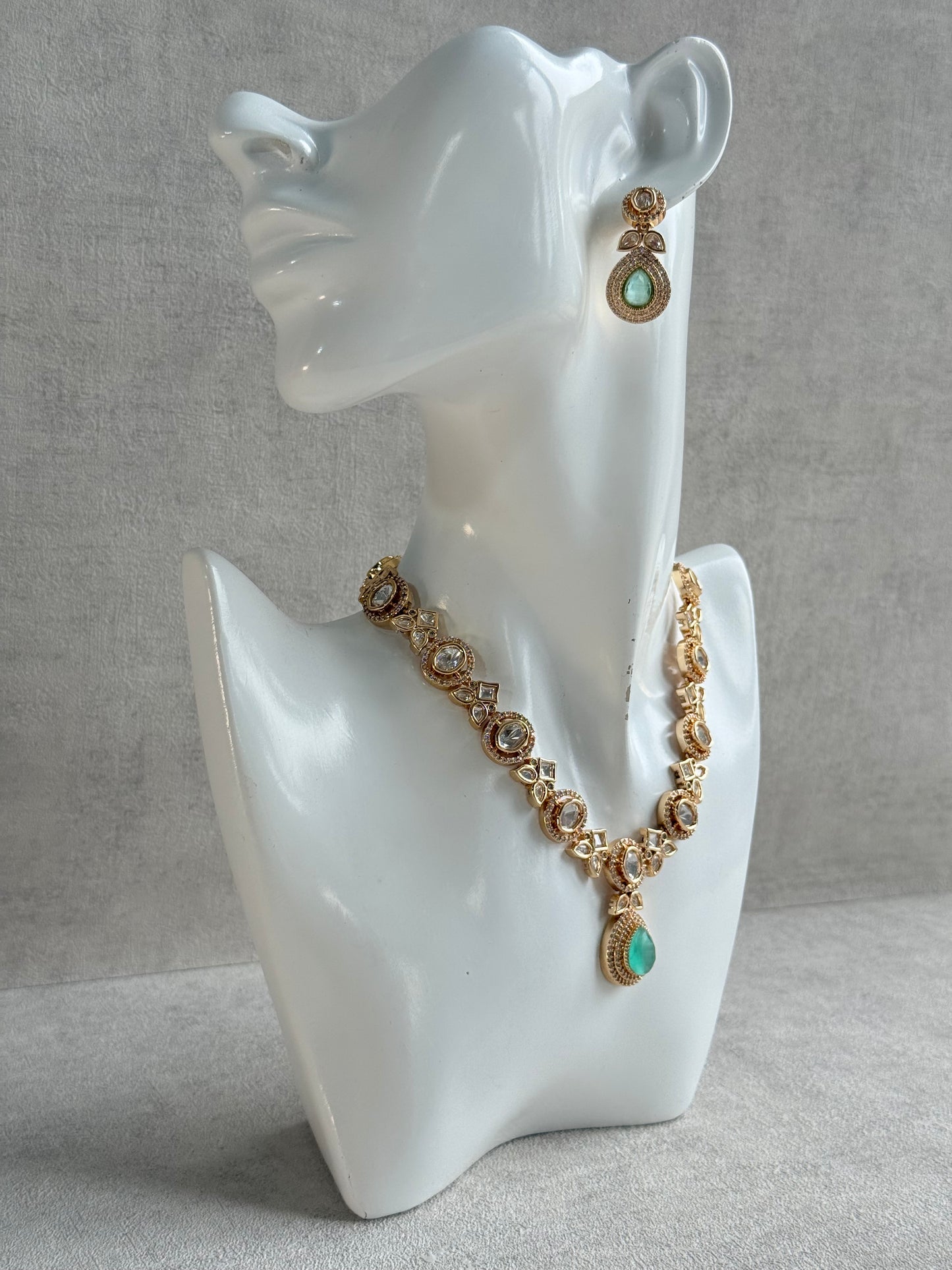 Ayura Designs Gazia Necklace Set with Earrings – Kundan, Mint Green Stones & Gold Finish