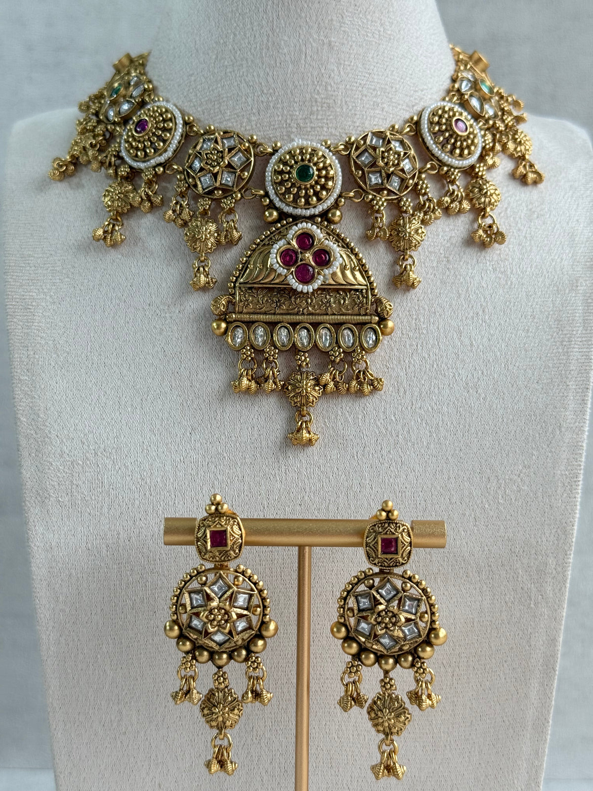 Ayura Designs Kriti Necklace Set with Earrings – Antique Gold Multicolour Kundan Design with Pearls & Ghungroo Detailing