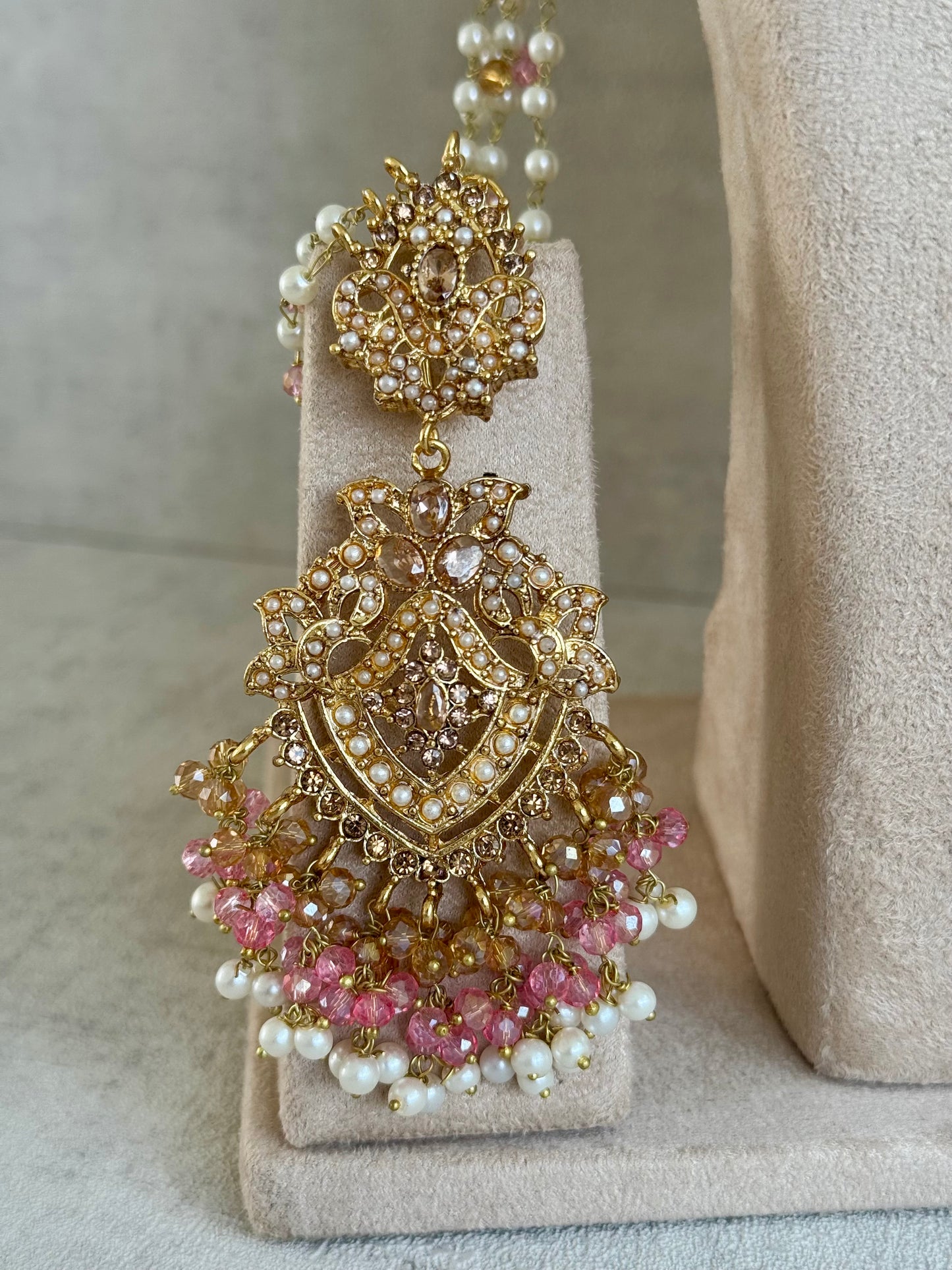 Ayura Designs Faryal Bridal Set with Necklace, Earrings, Tikka & Jhoomar – Antique Gold, Pearl & Blush Pink Detailing