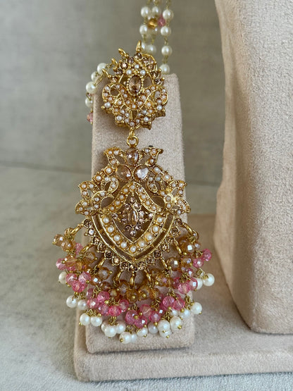 Ayura Designs Faryal Bridal Set with Necklace, Earrings, Tikka & Jhoomar – Antique Gold, Pearl & Blush Pink Detailing