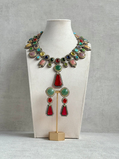 Ayura Designs Ophelia Set with Necklace & Earrings – Navratan Stone Detailing with Antique Silver Finish