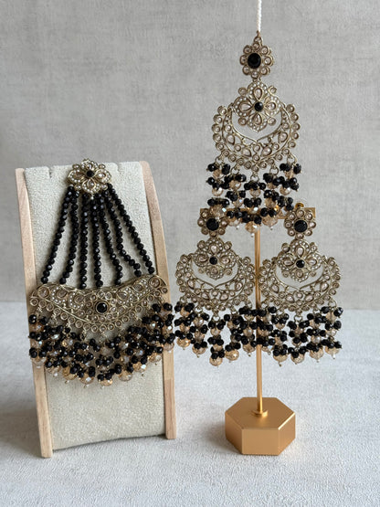 Ayura Designs Dilnaz Necklace Set with Earrings, Tikka & Passa – Black & Champagne Crystal Beads & Antique Gold Finish
