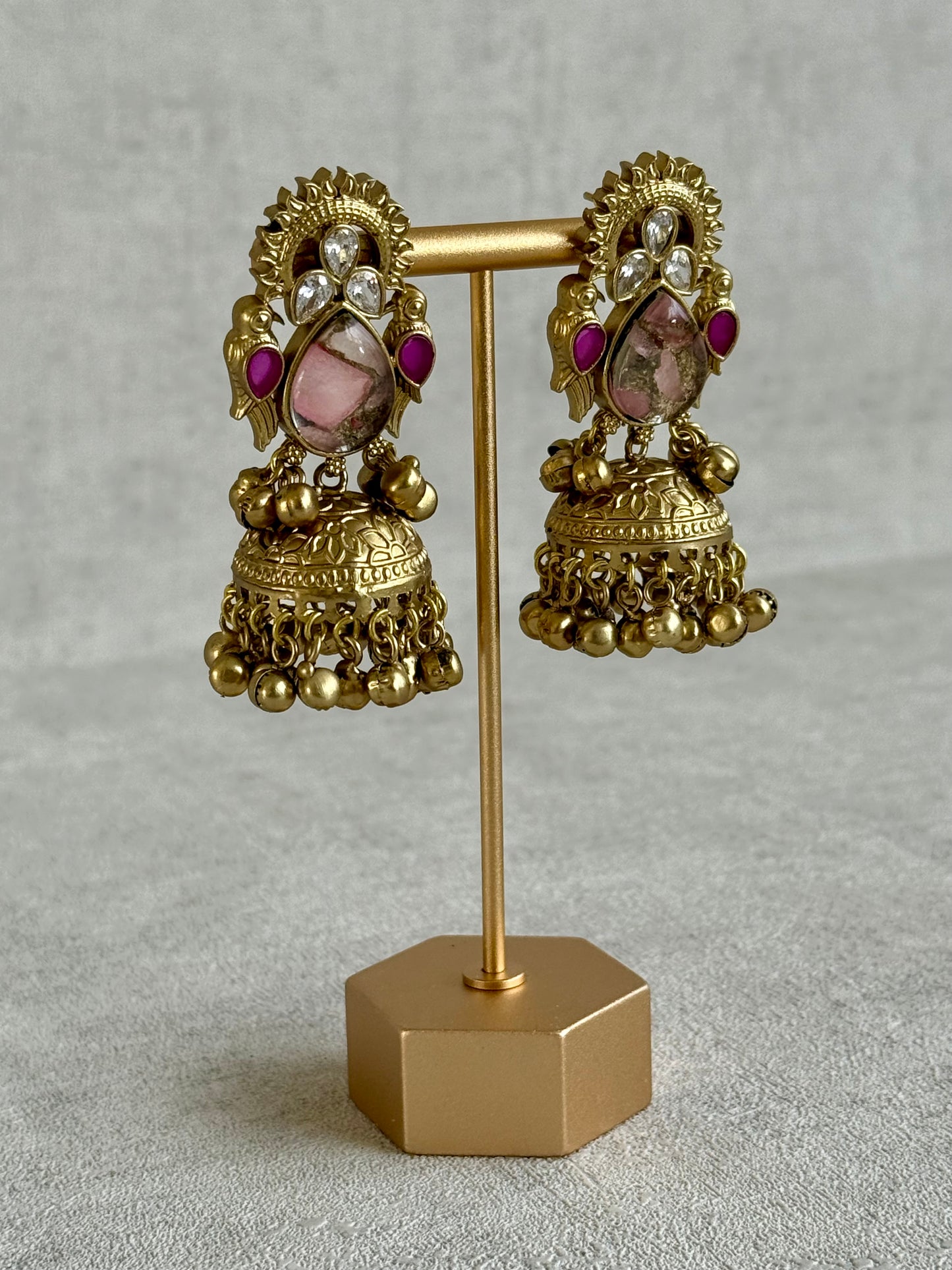 Ayura Designs Avleen Earrings – Rose Pink Marble with Antique Gold Jhumkis