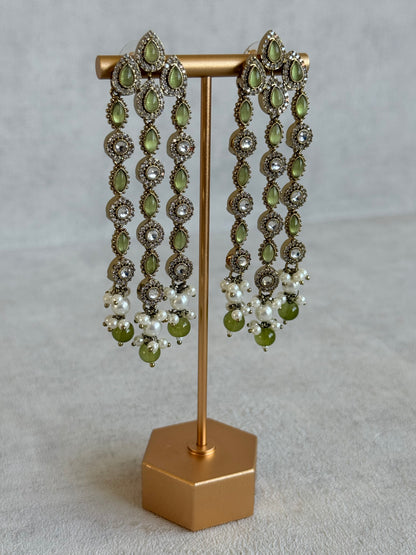 Ayura Designs Emilia Earrings – Gold Triple Strand Statement Earrings with Olive Green Stones & Pearl Drops