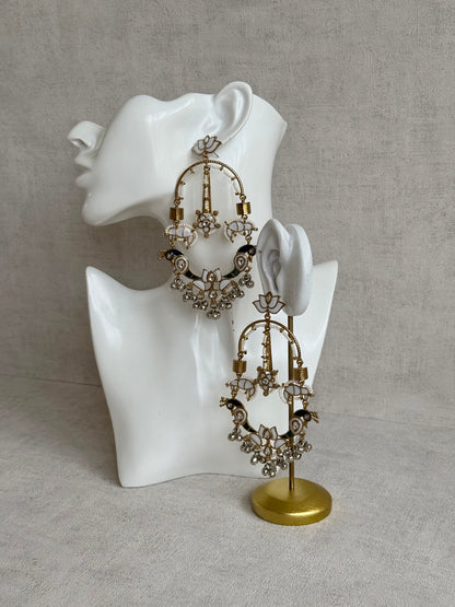 Ayura Designs Zoonpari Earrings – Ivory Pearl, Blue & Green Meenakari Peacock Chandeliers in Dual Tone with Ghungroos