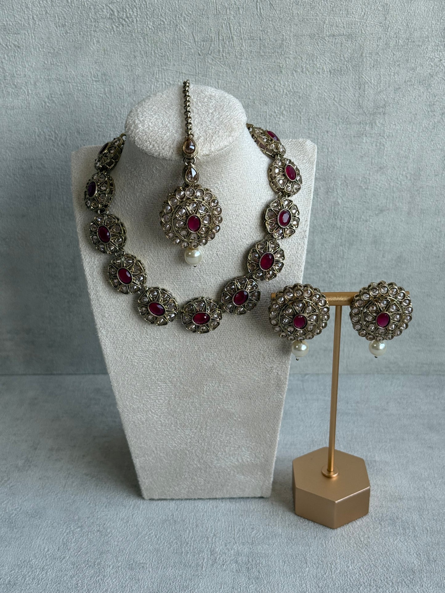 Ayura Designs Sania Set with Necklace, Earrings & Tikka – Ruby Red Stones, Kundan Detailing & Antique Gold Finish