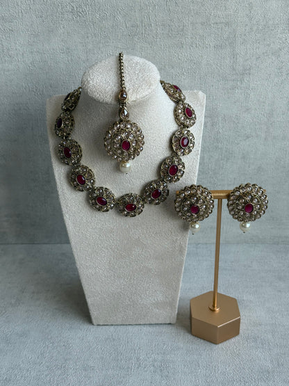 Ayura Designs Sania Set with Necklace, Earrings & Tikka – Ruby Red Stones, Kundan Detailing & Antique Gold Finish