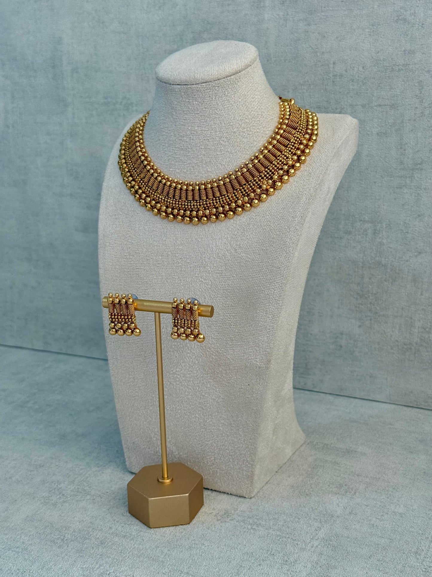 Ayura Designs Lavanya Set with Necklace & Earrings – Matte Antique Gold Beaded Design