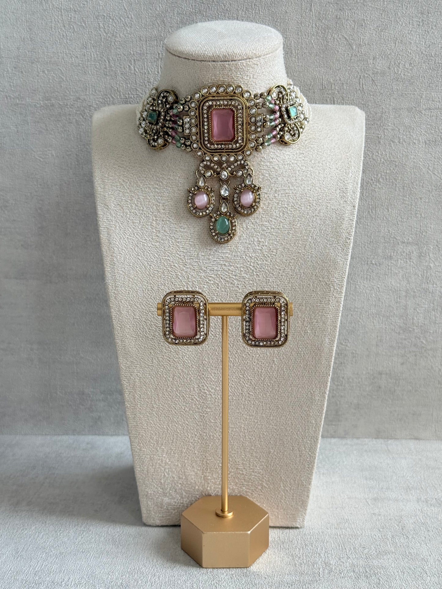 Ayura Designs Nabiha Choker Set with Studs – Blush Pink & Mint Green, Crystal Detailing & Gold Finish