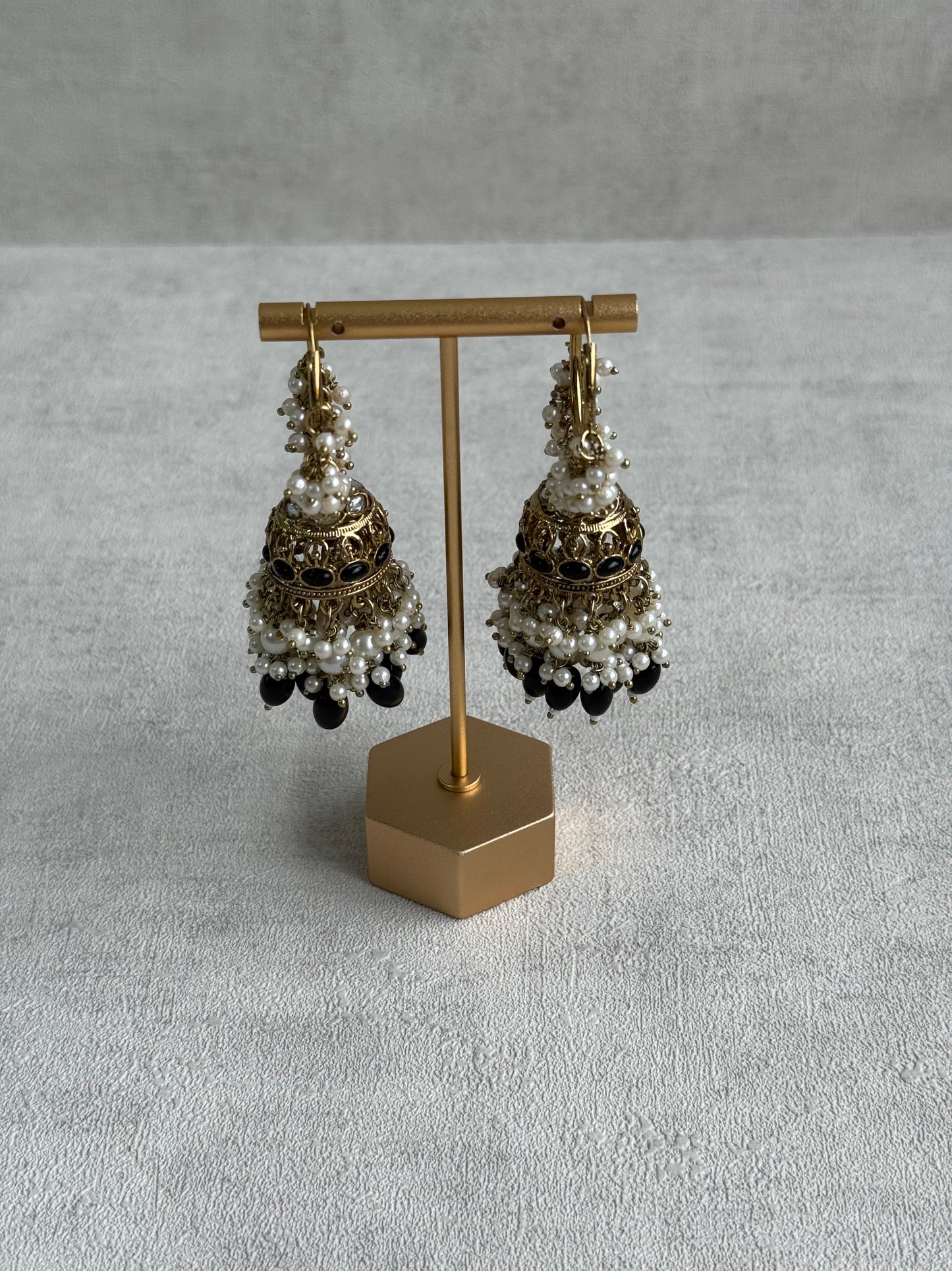 Ayura Designs Jugni Jhumkis – Antique Gold Balis with Black Beads & Pearl Clusters