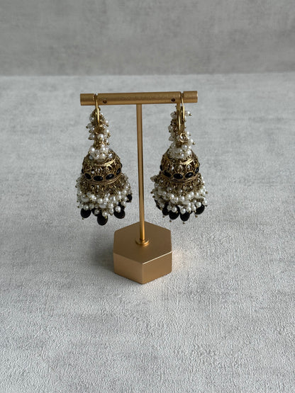 Ayura Designs Jugni Jhumkis – Antique Gold Balis with Black Beads & Pearl Clusters