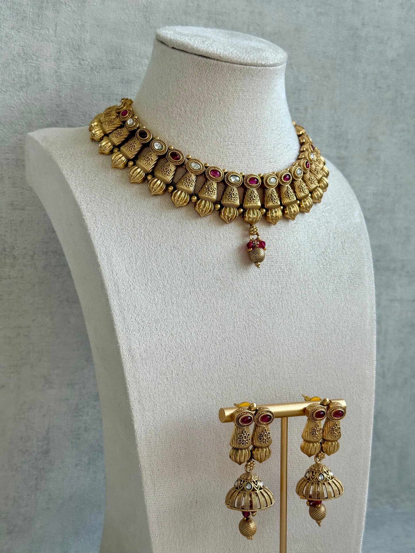Ayura Designs Aima Necklace Set with Earrings – Antique Gold with Rani Pink Stones