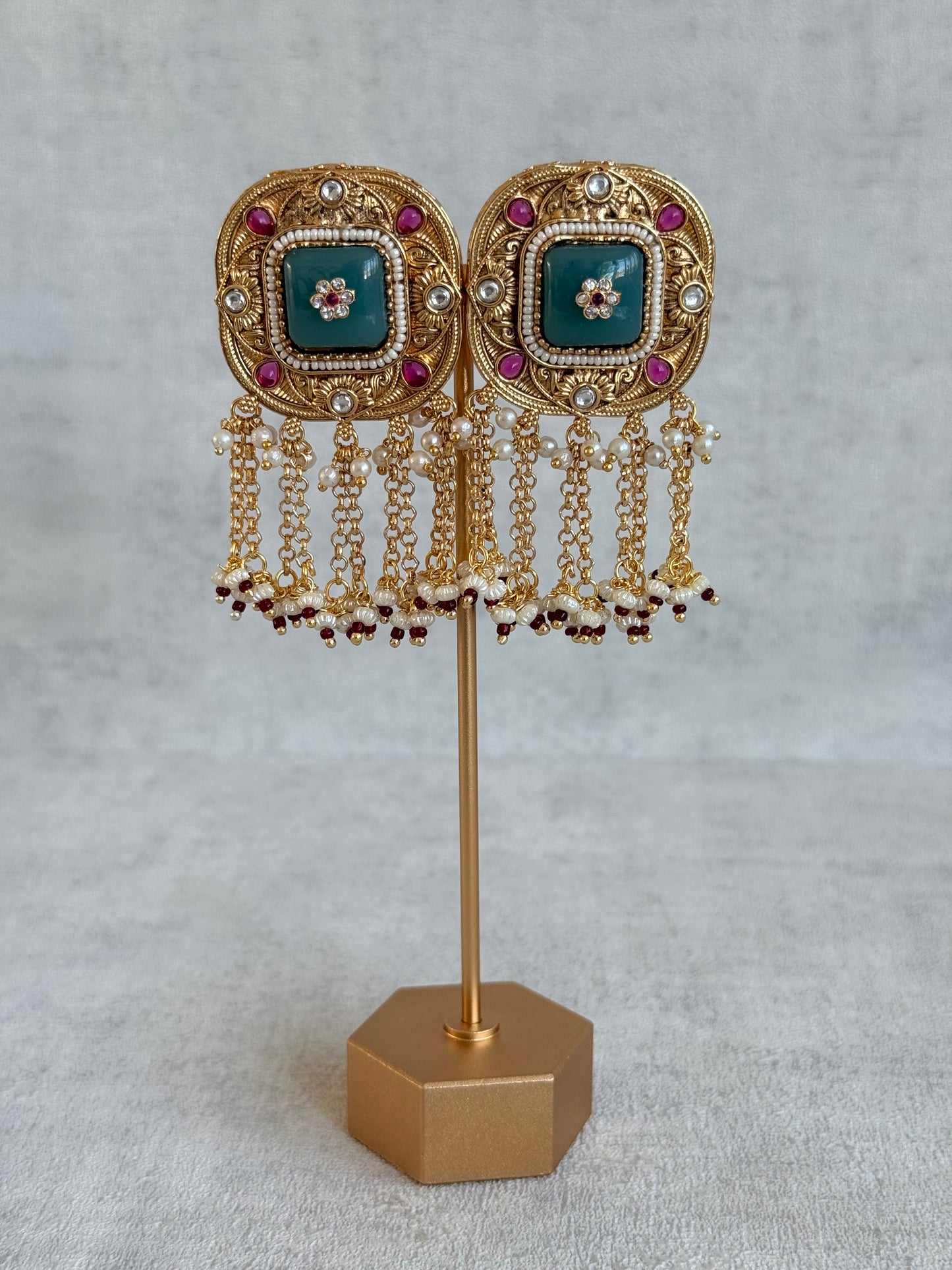 Ayura Designs Gunjal Earrings – Sage Green & Rani Pink Chain Drop Studs with Kundan & Bead Detailing