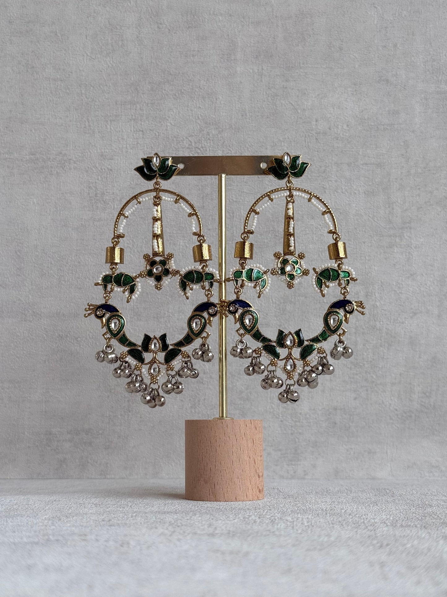 Ayura Designs Zoonpari Earrings – Emerald Green & Blue Meenakari Peacock Chandeliers in Dual Tone with Ghungroos