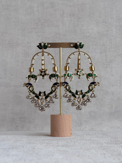 Ayura Designs Zoonpari Earrings – Emerald Green & Blue Meenakari Peacock Chandeliers in Dual Tone with Ghungroos