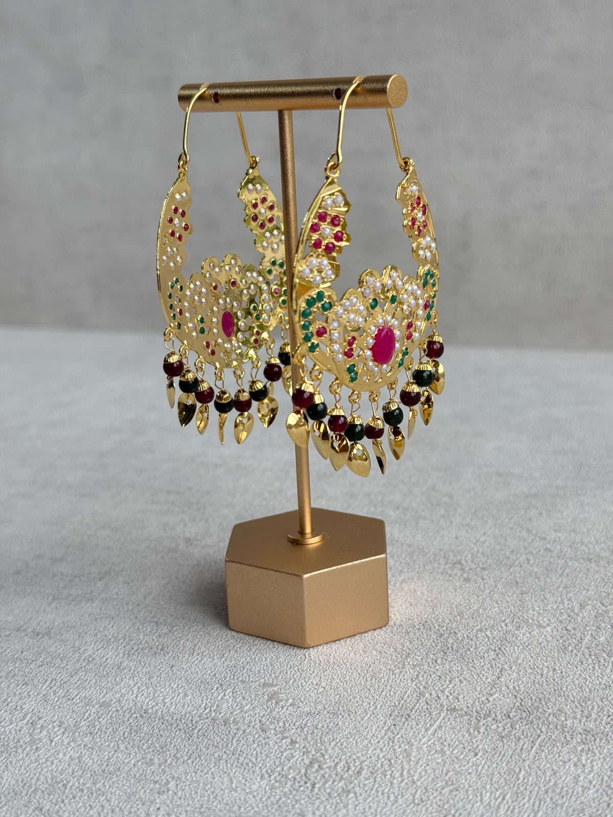 Ayura Designs Nimrat Balis – Pink & Multicolour Stones with Maroon & Green Beads and Pippal Patti Detailing