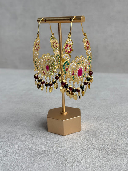 Ayura Designs Nimrat Balis – Pink & Multicolour Stones with Maroon & Green Beads and Pippal Patti Detailing