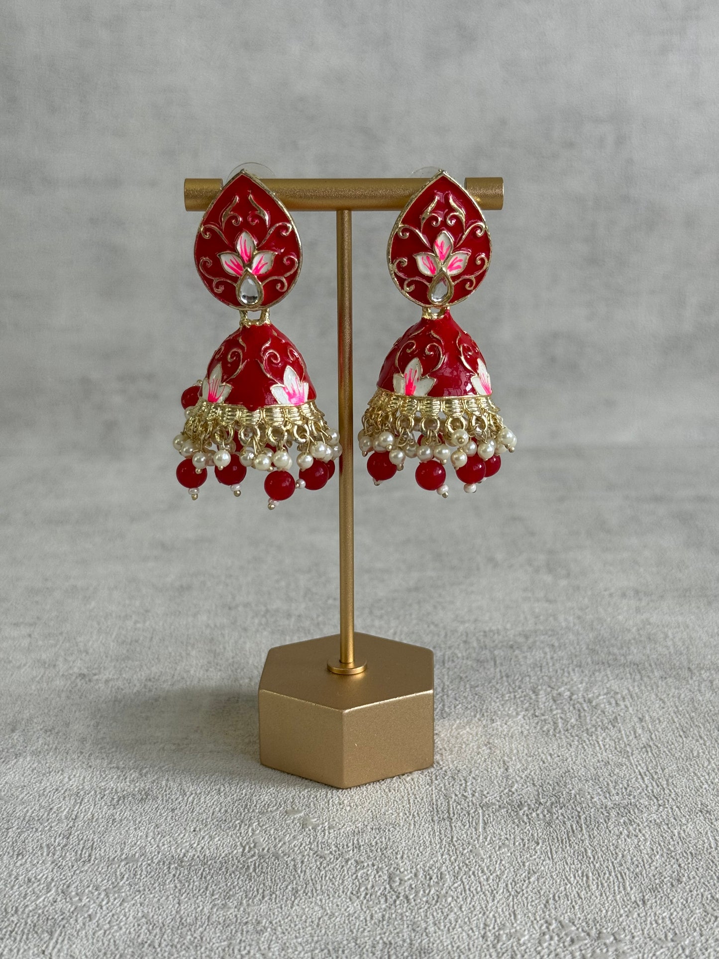 Ayura Designs Gia Jhumkis – Red Meenakari with Pink Lotus Motifs & Ivory Pearl Drops