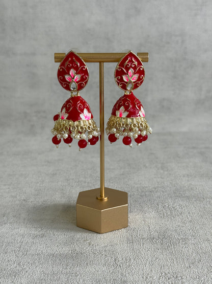 Ayura Designs Gia Jhumkis – Red Meenakari with Pink Lotus Motifs & Ivory Pearl Drops