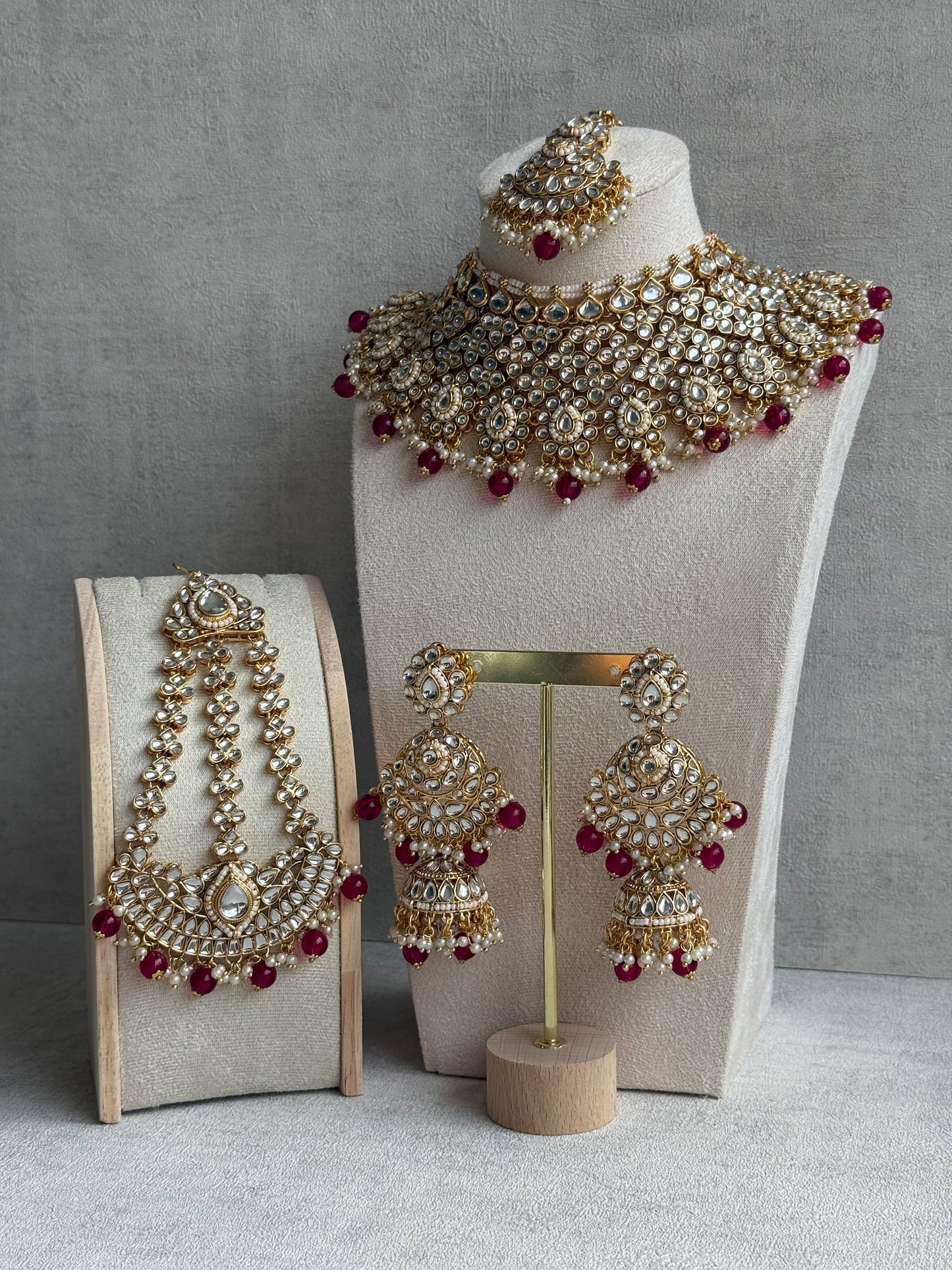 Ayura Designs Suhag Set – Bridal Necklace, Jhumkis & Tikka with Pink Beads, Pearl Detailing & Gold-Finish Kundan