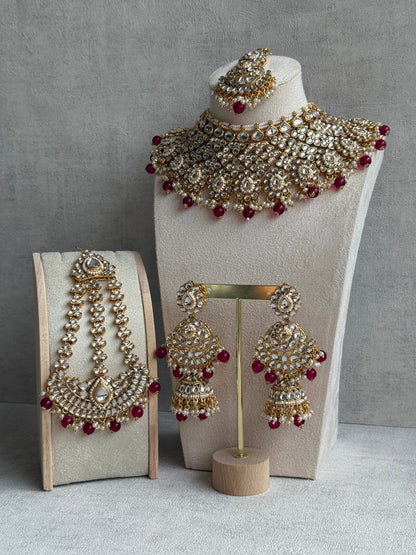 Ayura Designs Suhag Set – Bridal Necklace, Jhumkis & Tikka with Pink Beads, Pearl Detailing & Gold-Finish Kundan