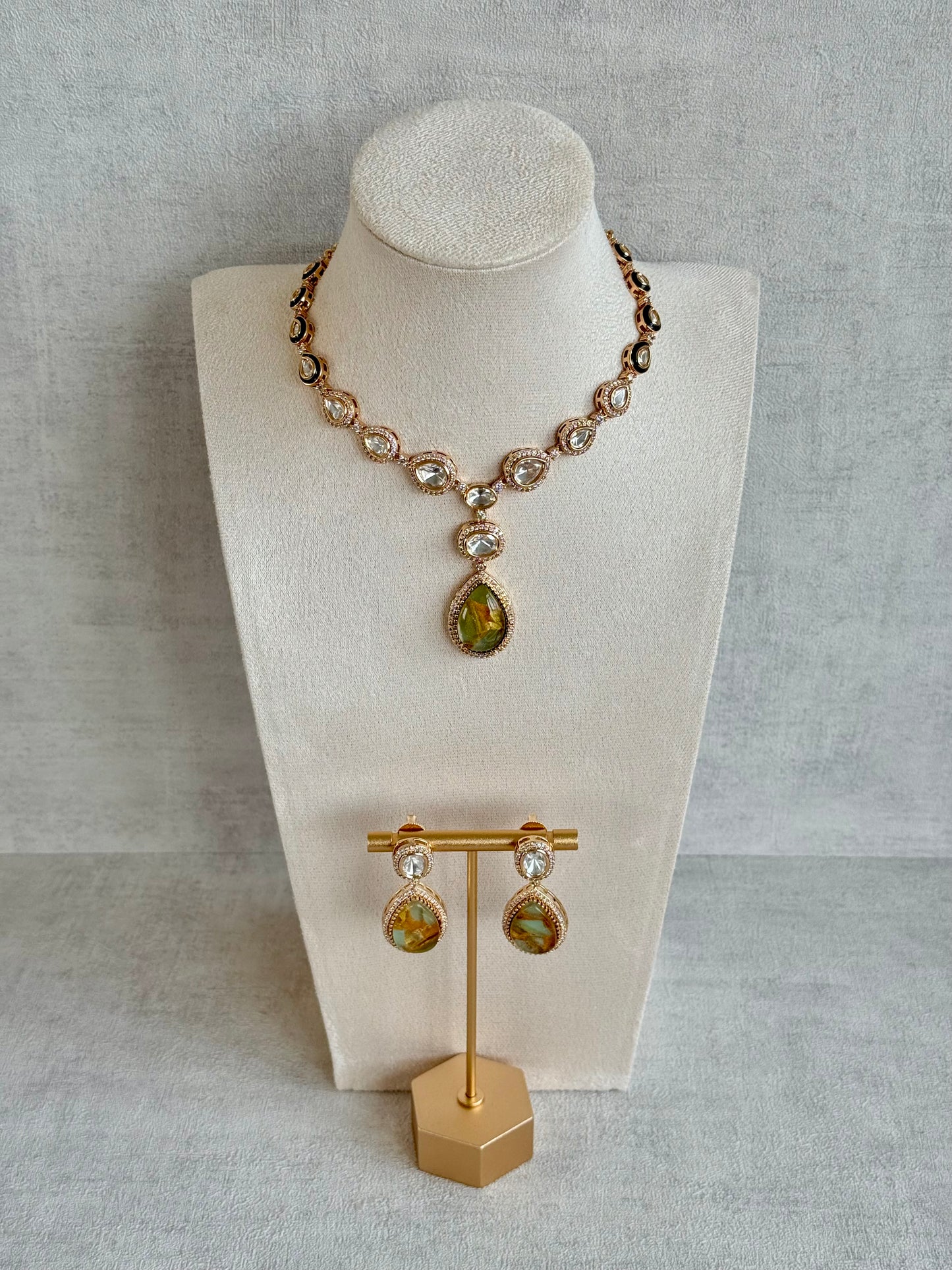Ayura Designs Lilly Necklace Set with Earrings – Moissanite Stones with Marble Green Teardrop Pendant & Crystal Detailing