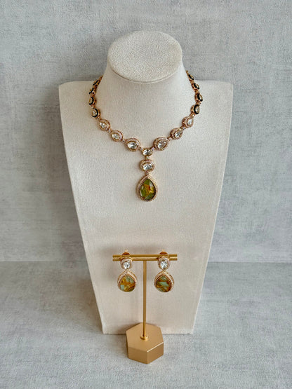 Ayura Designs Lilly Necklace Set with Earrings – Moissanite Stones with Marble Green Teardrop Pendant & Crystal Detailing