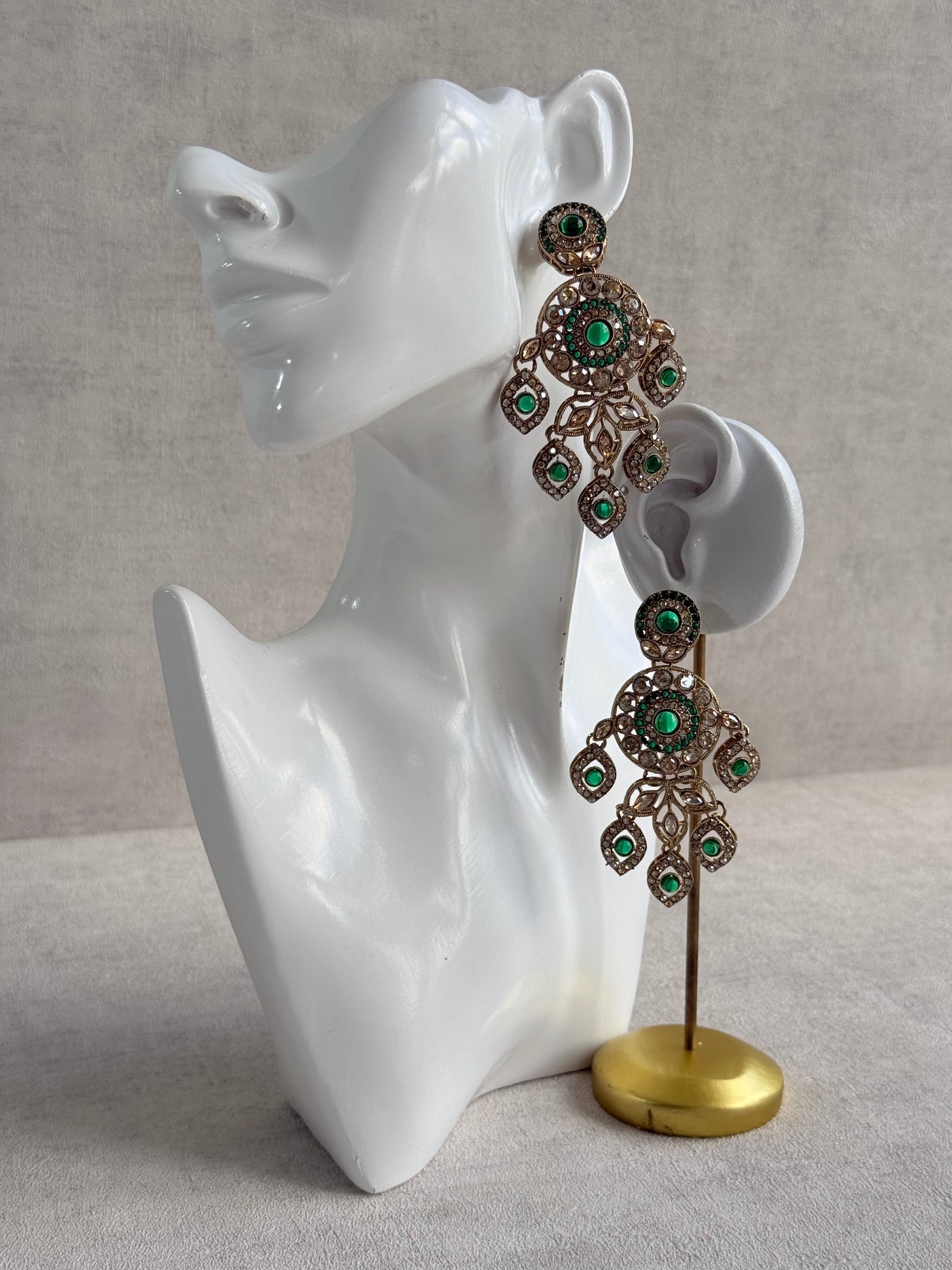 Ayura Designs Vanika Earrings – Emerald Green & Champagne Crystal Gold Finish