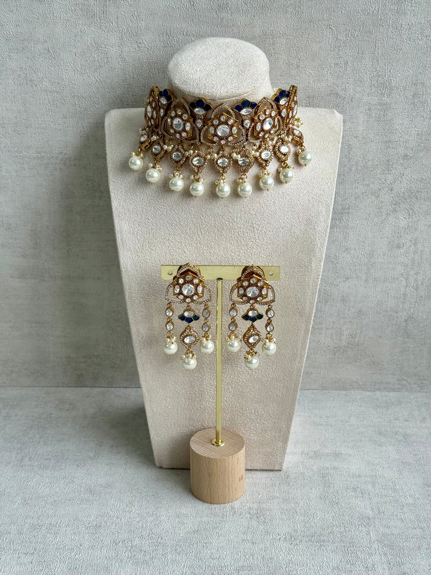 Ayura Designs Serina Choker Set with Earrings – Midnight Blue Enamel, Mirror-Cut Stones & Pearl Drops