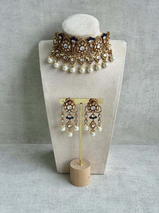 Ayura Designs Serina Choker Set with Earrings – Midnight Blue Enamel, Mirror-Cut Stones & Pearl Drops