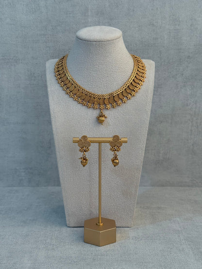 Ayura Designs Purna Set with Necklace & Earrings – Antique Gold Finish, Floral Motifs & Textured Pendant Detail