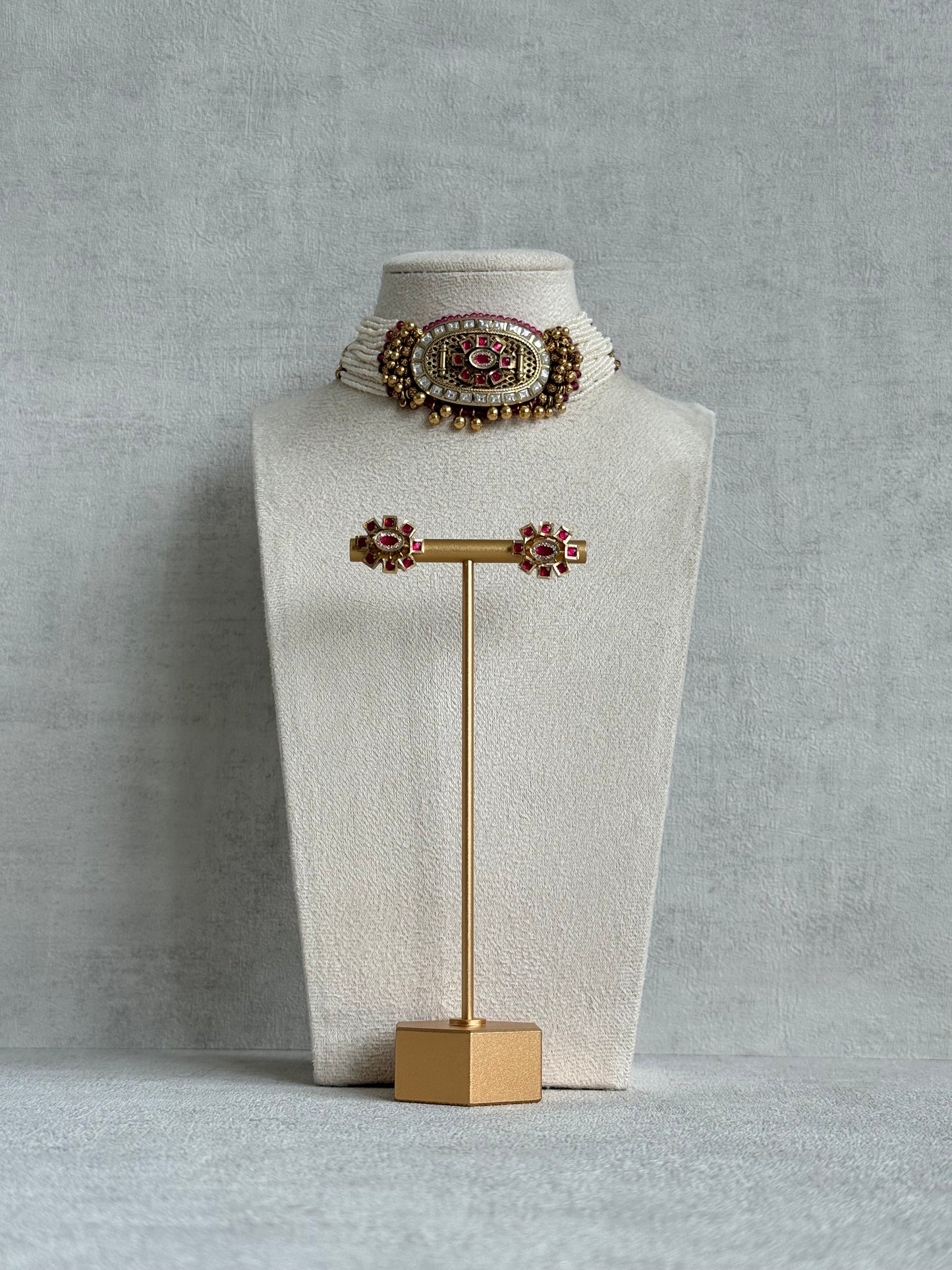 Ayura Designs Amiri Choker Set with Stud Earrings – Ruby Pink Stones, Pearl Strands & Moissanite Detailing