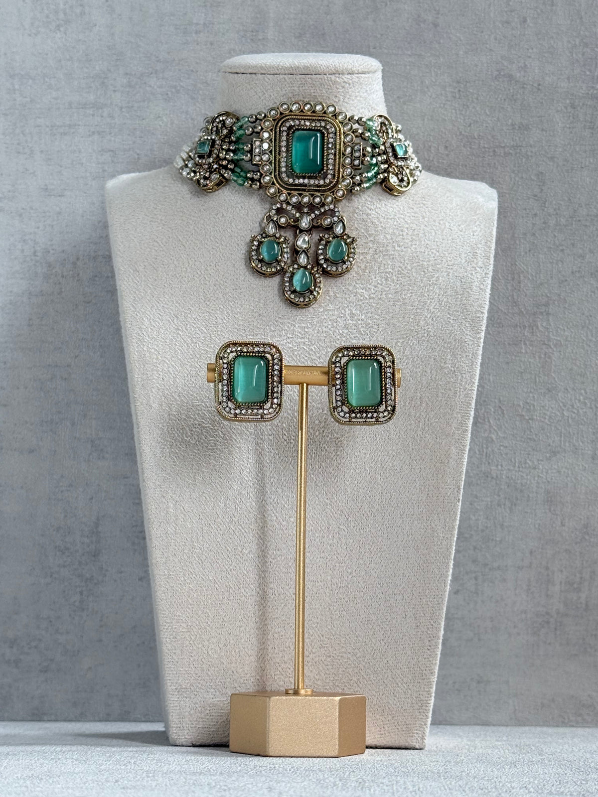 Ayura Designs Nabiha Choker Set with Studs – Aqua Green Stones, Pearl Detailing & Antique Gold Finish