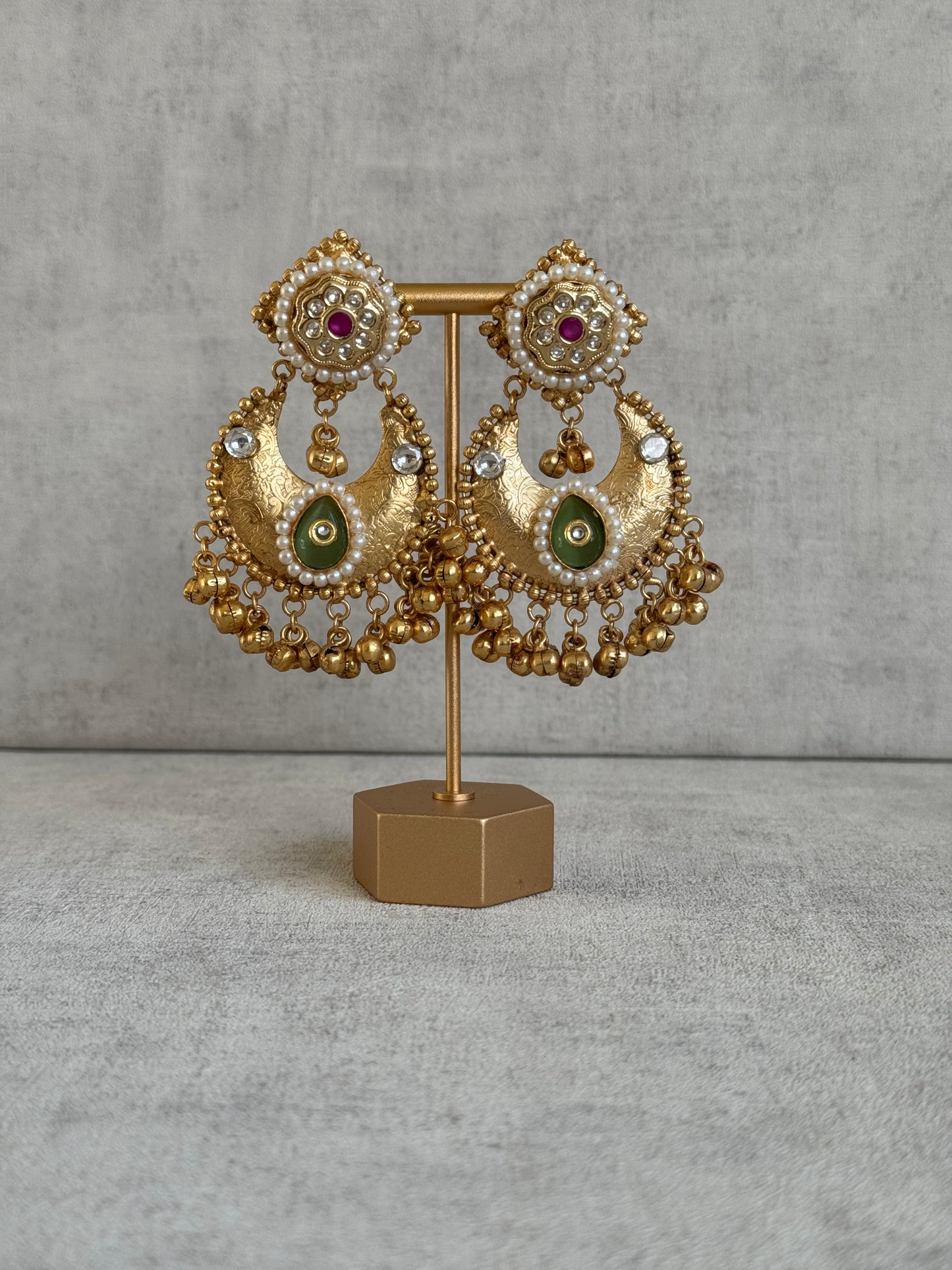 Ayura Designs Naaz Earrings – Antique Gold Jhumkas with Green Teardrop Stone, Pearl Embellishments & Ghungroo Detailing