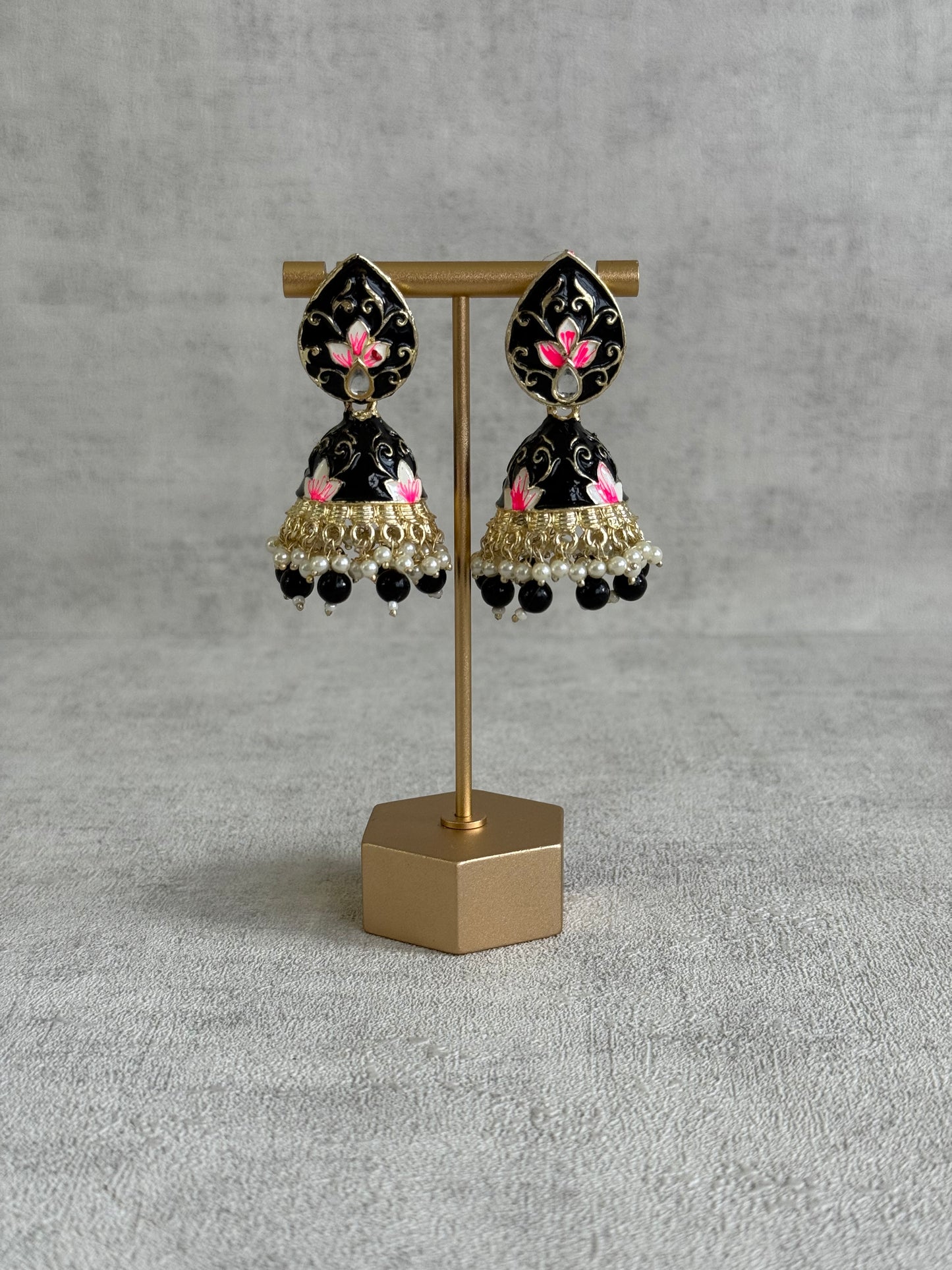 Ayura Designs Gia Jhumkis – Midnight Black Meenakari with Pink Lotus Motifs & Ivory Pearl Drops
