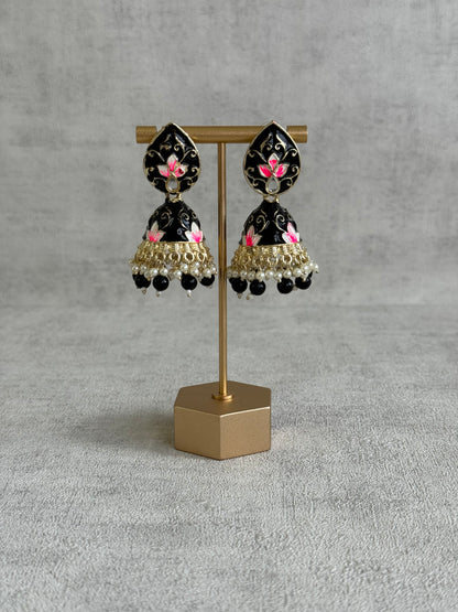 Ayura Designs Gia Jhumkis – Midnight Black Meenakari with Pink Lotus Motifs & Ivory Pearl Drops