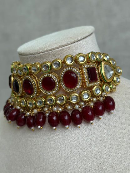 Ayura Designs Ishi Set With Choker, Earrings & Tikka – Kundan Stones With Deep Maroon Beads