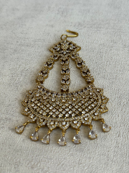 Ayura Designs Aya Jhoomar Passa – Mirror-Cut Stones with Antique Gold Detailing & Floral Motifs