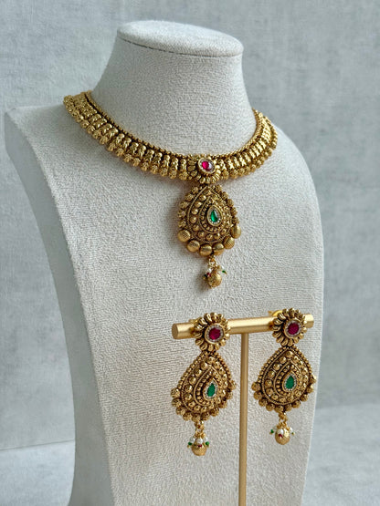 Ayura Designs Ayma Necklace Set with Earrings – Antique Gold Finish with Ruby Pink, Emerald Green & Crystal Detailing