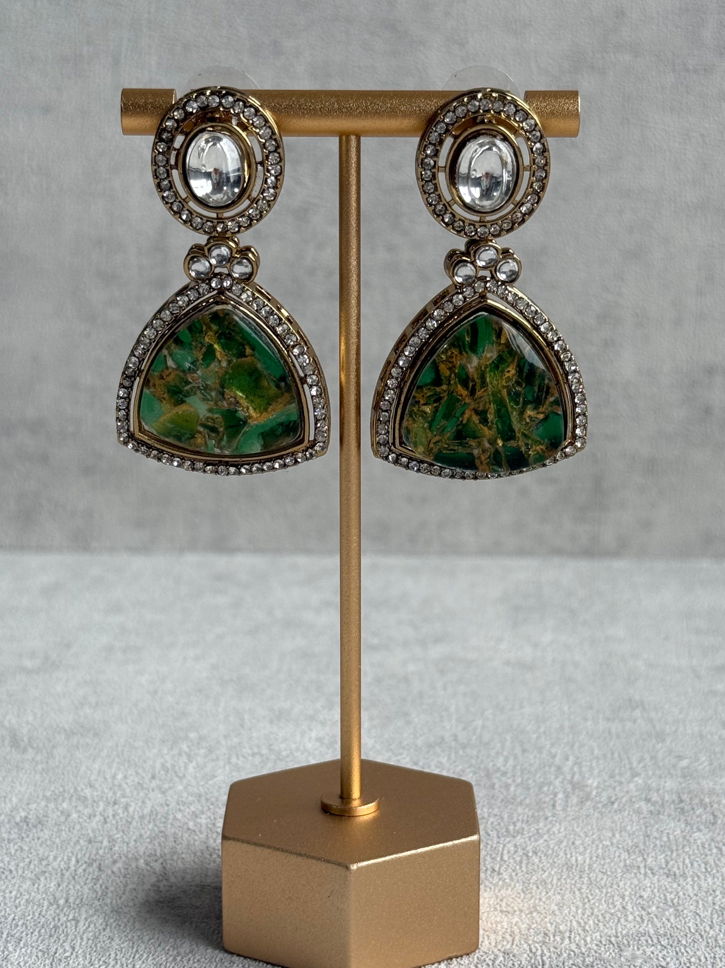 Ayura Designs Florence Earrings – mirror cut studs with Emerald Green Marble Resin & Crystal Borders