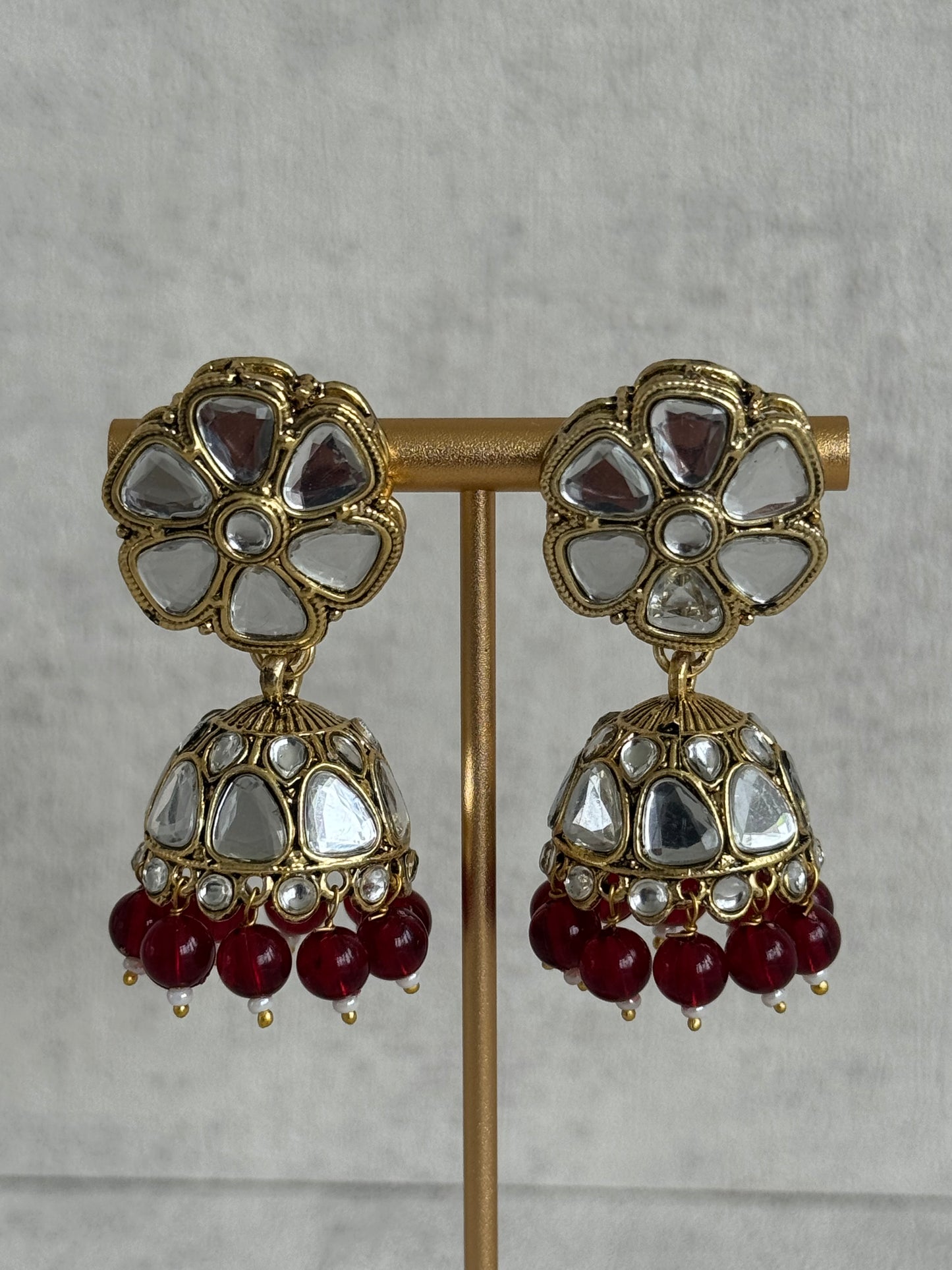 Ayura Designs Mishal Set with Jhumkis & Tikka – Ruby Red Beads & Mirror-Cut Stones