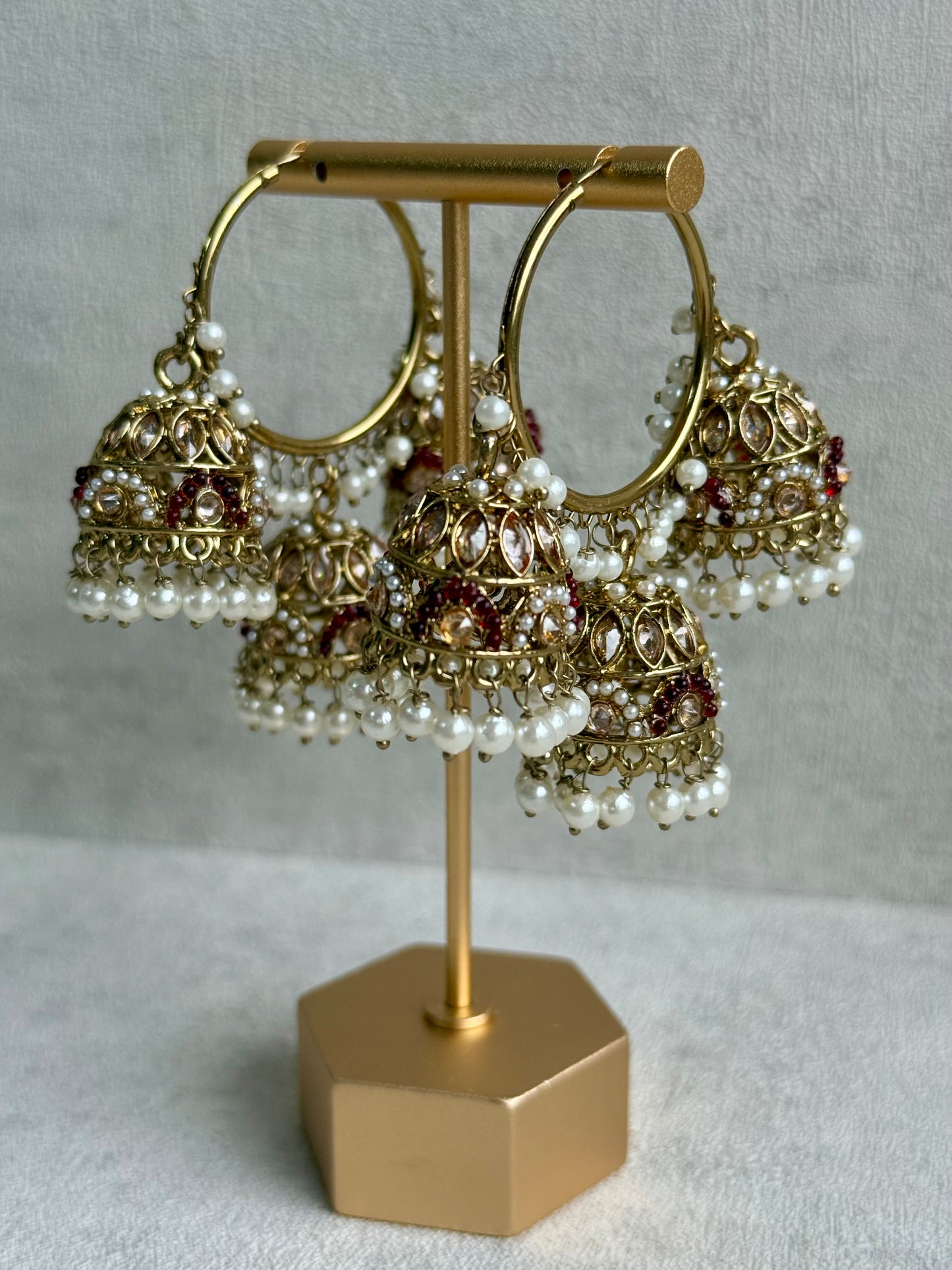 Ayura Designs Nakhra Balis – Ruby Red Triple Dome Earrings with Pearl Clusters & Mirror-Cut Detailing