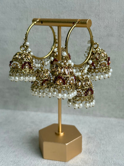 Ayura Designs Nakhra Balis – Ruby Red Triple Dome Earrings with Pearl Clusters & Mirror-Cut Detailing