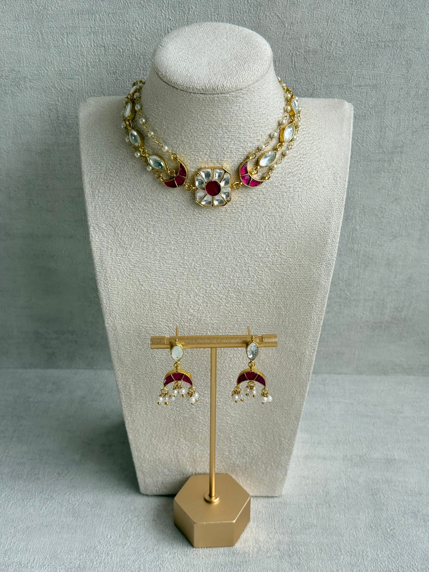 Ayura Designs Mahi Choker Set with Earrings – Meenakari Kundan Hot Pink & Ivory Detailing