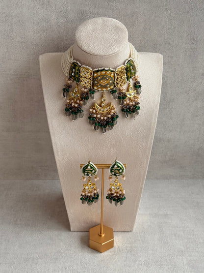 Ayura Designs Rehma Meenakari Kundan Choker Set with Earrings – Emerald Green & Pearl Bead Detailing