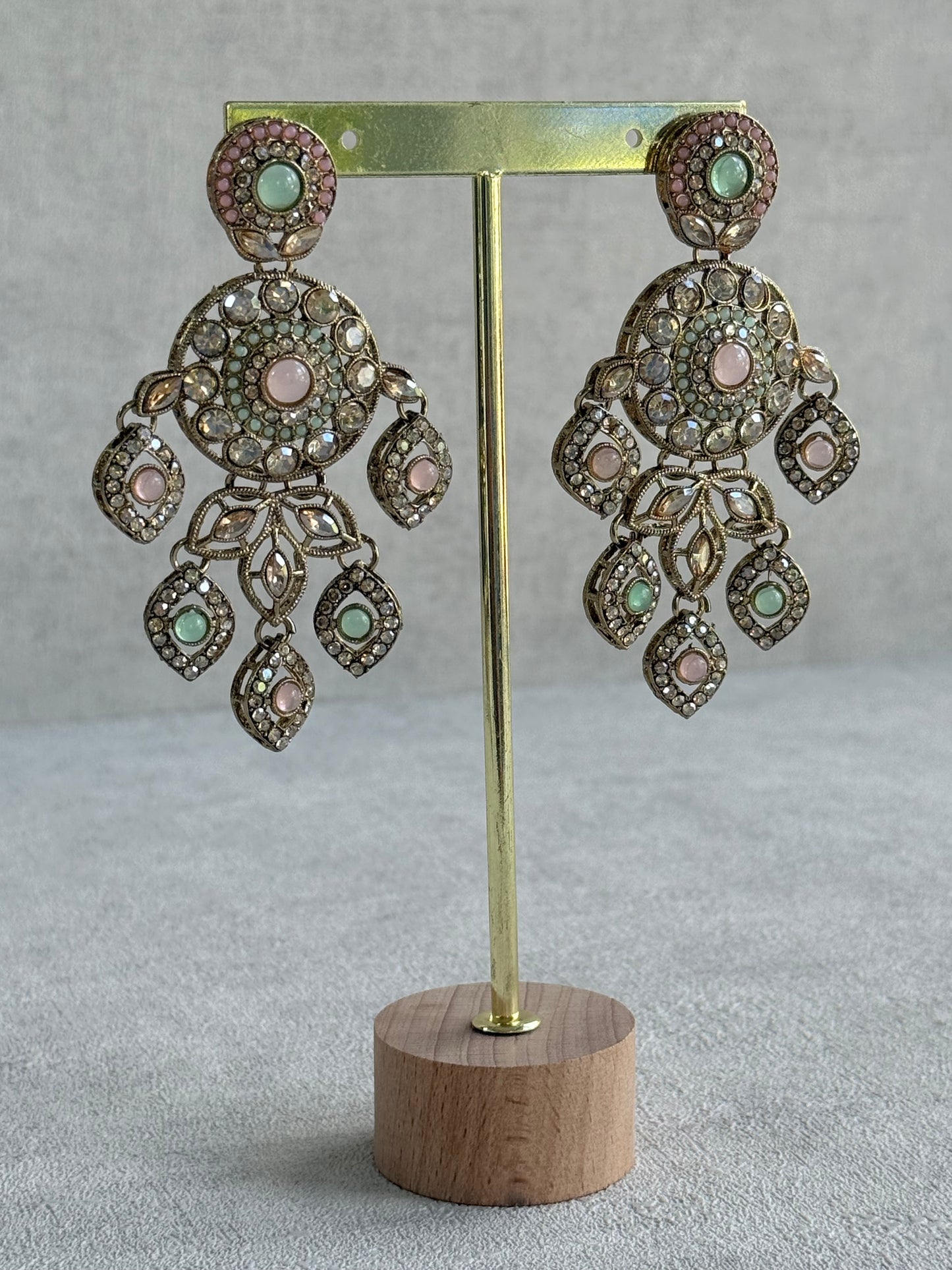 Ayura Designs Vanika Earrings – Mint Green, Blush Pink & Champagne Crystal Gold Finish