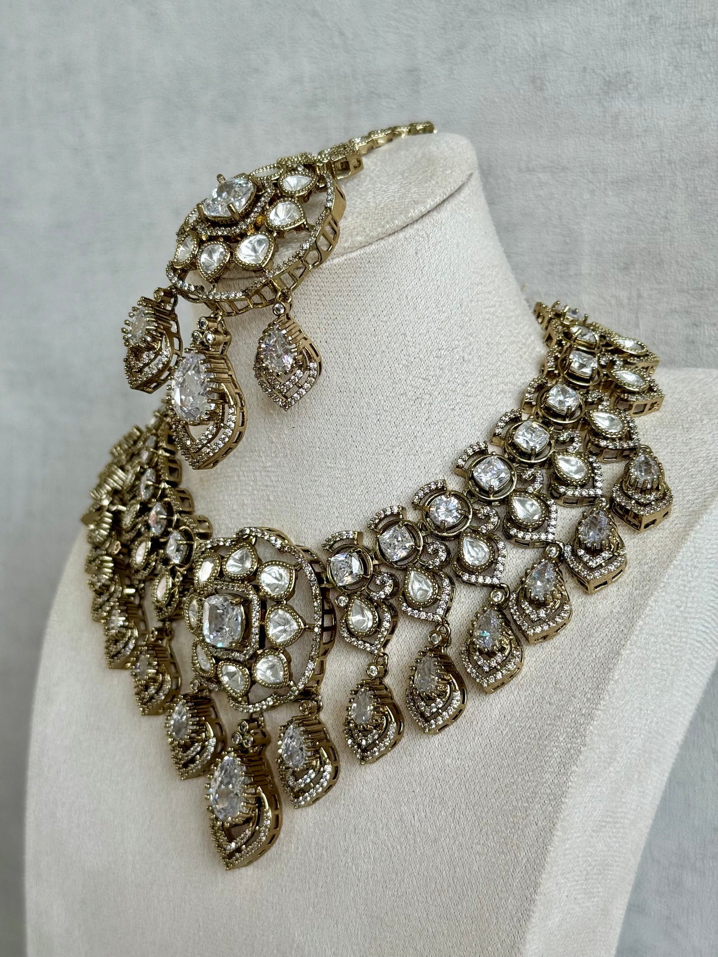 Ayura Designs Kiyah Bridal Set with Necklace, Earrings & Tikka – Moissanite Stones with Antique Gold Finish