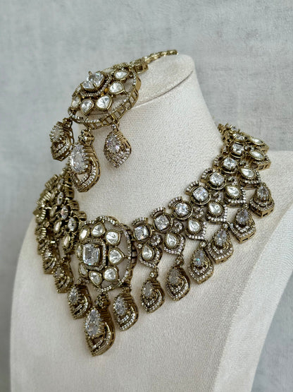 Ayura Designs Kiyah Bridal Set with Necklace, Earrings & Tikka – Moissanite Stones with Antique Gold Finish